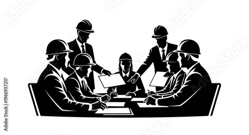 Team of engineers in hard hats collaborating around a table.