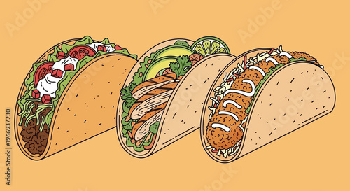 Three Delicious Tacos Variety: Chicken, Fish, and Ground Beef with Fresh Toppings