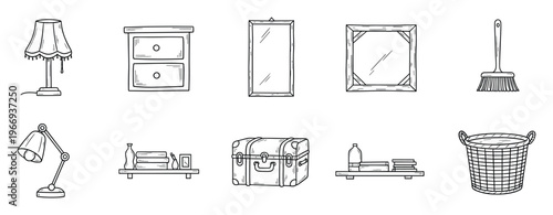 Discover a charming collection of essential household items and furniture outlines, perfect for enhancing home decor themed projects and creative visual assets.