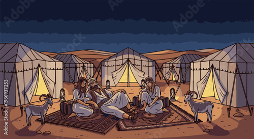 Desert encampment at dusk, with people and goats resting near lit tents