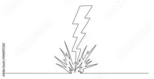 Continuous line drawing of a lightning bolt striking a surface with an energetic burst, perfect for expressing power, energy, or impact in various graphic applications