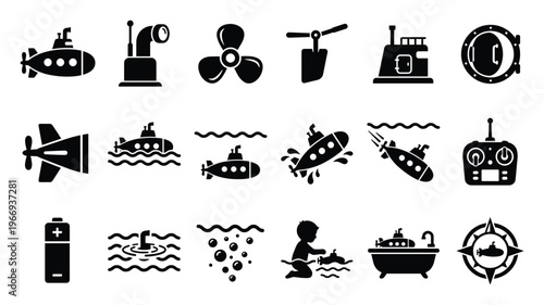Versatile collection of submarine themed symbols depicting underwater exploration, naval vessels, marine equipment, a child playing, and navigation elements for educational resources and