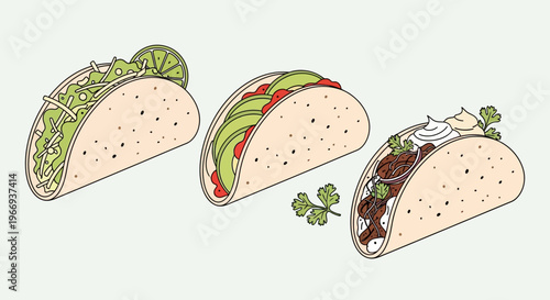 Three delicious tacos with fresh ingredients, isolated on a light background.