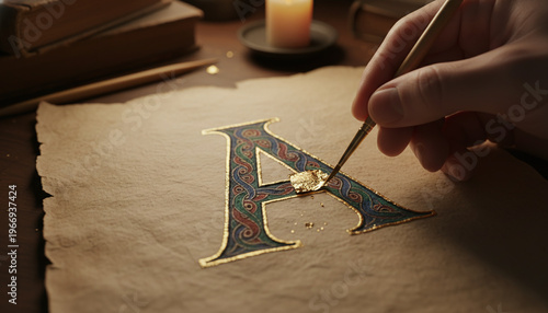 Artisan applying gold leaf to illuminated manuscript letter on vellum parchment
