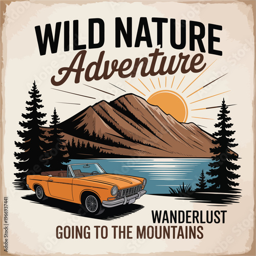 Orange convertible car near mountain lake adventure Keywords: car, convertible, vintage car