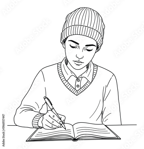 Young person wearing a beanie and sweater deeply engaged in writing notes or journaling in an open book with a pen, perfect for educational, study, or creative content applications