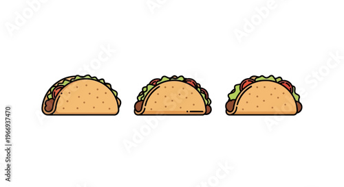 Three delicious tacos with fresh ingredients, isolated on white background, cartoon style