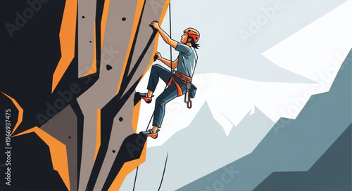 Person climbing a steep rock face with safety gear.