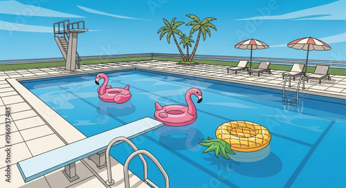 Summer swimming pool with inflatable toys and diving board.