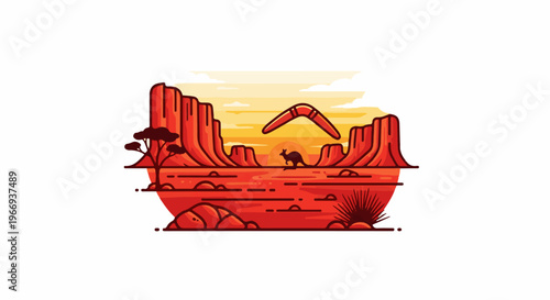 Desert landscape with rock formations, a kangaroo, and a boomerang