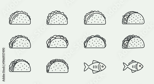Taco Icons Set: Mexican Food Line Art, Fish Icons, Simple Vector Graphics
