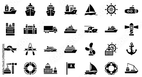 Boat and Maritime Filled Icon Set with Ship Sailboat Submarine Helm Harbor Vector