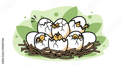 Cute baby chicks hatching from eggs in a nest.