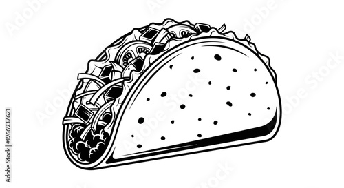 Taco illustration, Mexican food, fast food, black and white line art, graphic resource