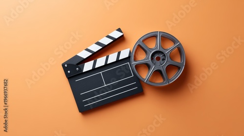 Clapperboard and film reel on an orange background, representing filmmaking, movie production, entertainment industry, video editing, and content creation concepts