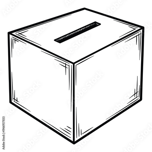 A graphic representation of a simple box featuring a top slot, ideal for visual materials related to voting, charitable fundraising, public opinion surveys, or suggestion collection