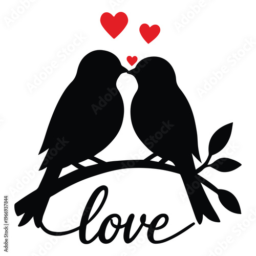 Love Birds Silhouette: A tender display of affection, two bird silhouettes, perched upon a delicate branch, share a kiss beneath the gentle glow of hearts, embodying the spirit of love and connection.