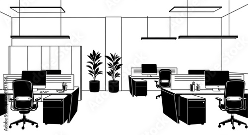 Modern Office Interior Design with Desks and Chairs.
