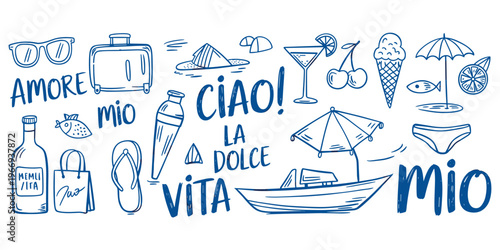 Italian summer vacation doodles with food drinks and beach items in blue Keywords: italian, summer, vacation, holiday, travel