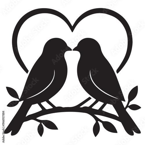 Symbol of Love: Silhouetted birds perch on a branch, their beaks gently touching in a gesture of affection, framed by a heart symbolizing enduring love and the beauty of connection.