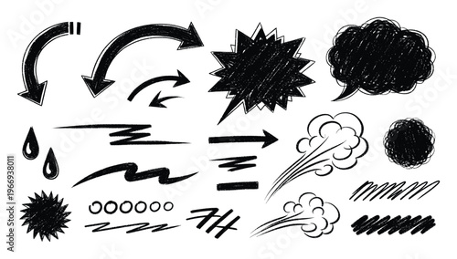 Assortment of hand drawn grunge style graphic marks featuring expressive arrows speech bubbles and various scribbled forms for enhancing modern visual communication projects