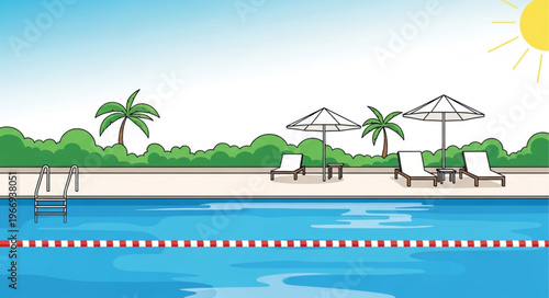 Outdoor swimming pool with lounge chairs and palm trees.