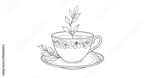 Tea Cup with Growing Plant and Leaves, Vintage Illustration
