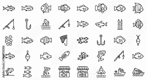 Collection of simple line art icons depicting fish and fishing activities