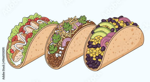 Three delicious tacos with various fillings: chicken, beef, and vegetarian, isolated on a light background.