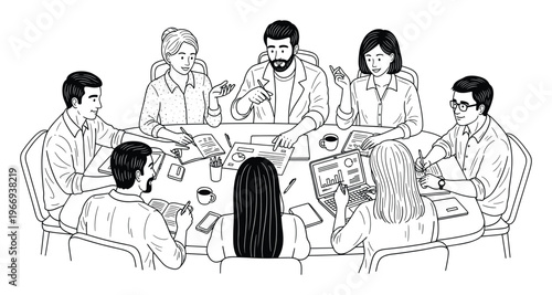A diverse business team conducts a productive meeting around a conference table, actively collaborating and discussing project strategies while reviewing documents and working on laptops