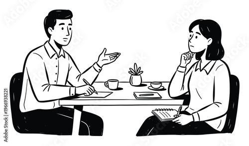 Professional man and woman engaged in a focused business discussion, with one explaining and the other attentively taking notes, ideal for illustrating productive teamwork and communication