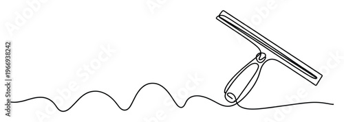 A single continuous line drawing depicts a window squeegee moving across a surface creating a wavy streak, symbolizing efficient cleaning and clear results for home maintenance advertising.