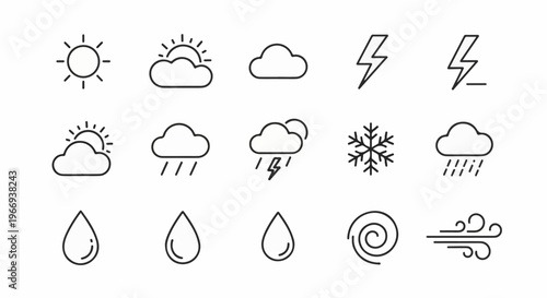 Collection of thin-line icons depicting weather phenomena