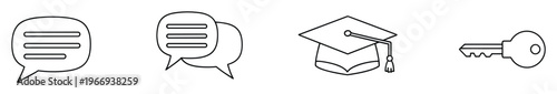 Essential line icons illustrating communication chat messages, academic success graduation cap, and a crucial key symbol useful for educational technology and interactive content