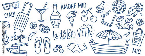 Italian summer vacation doodles with food drinks and beach items in blue outline Keywords: italian, summer, vacation, holiday