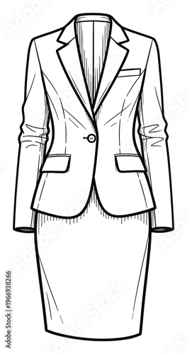 Professional womens formal business attire featuring a sleek blazer jacket and matching pencil skirt for corporate wear and office environment presentations.