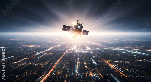 Satellite in space over city lights.