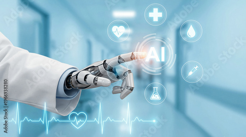 AI-Powered Medicine – Robot Hand Interacting with Health Technology Icons