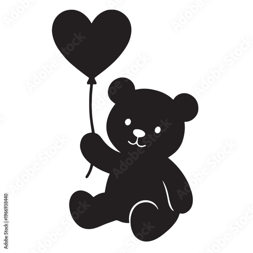 Teddy Bear with Heart Balloon Silhouette: A charming silhouette of a cuddly teddy bear joyfully holds a heart-shaped balloon, a symbol of love and affection.