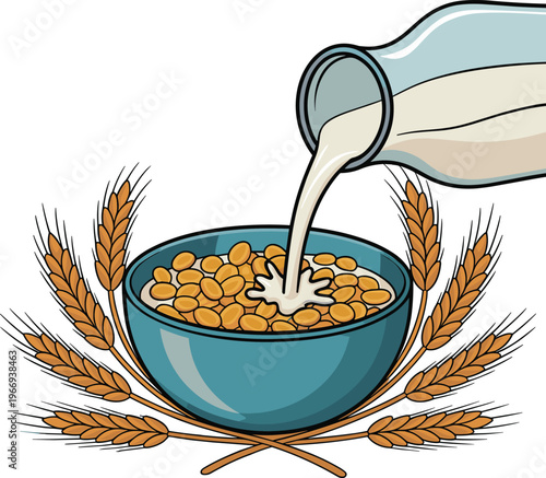 A blue bowl of cornflakes with milk pouring into it surrounded by wheat food vector on white background.