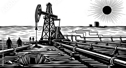 Oil pumpjack and pipelines in an industrial landscape.