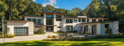 Modern two-story house with flat roof, large windows, nestled among trees, clear sky overhead