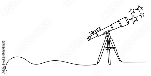 Minimalist single continuous line drawing of a refracting telescope on a tripod observing a cluster of four stars, perfect for educational content, scientific publications, and space