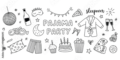 Pajama Party Hand Drawn Doodle Elements Sleepover Celebration disco ball bottle