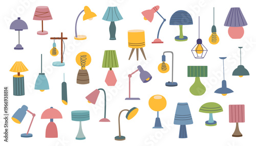 Collection of different table lamps isolated on white background1. Vector flat electrical appliance cliparts. Concepts of home, office, interiors, light.