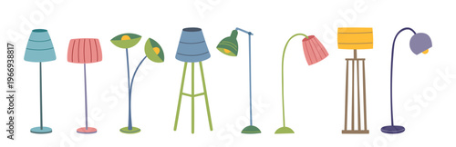 Collection of different floor lamps isolated on white background2. Vector flat electrical appliance cliparts. Concepts of home, office, interiors, light.
