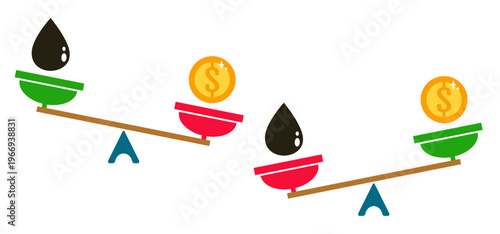 Vector set icons of a scale with oil and money. Vector illustration of a balance beetween money and oil. Coin, oil and scale.