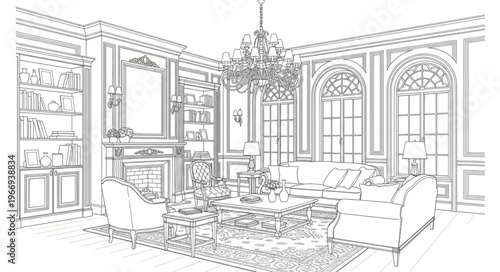 Elegant Living Room Sketch with Chandelier and Furniture.