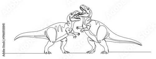 Dynamic continuous line drawing depicting two menacing TRex dinosaurs facing each other with open jaws, perfect for engaging childrens educational content or prehistoric themed graphic