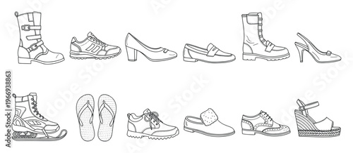 A comprehensive assortment of men and women footwear including various boots, sneakers, heels, sandals, and loafers for retail product catalogs and apparel advertising campaigns